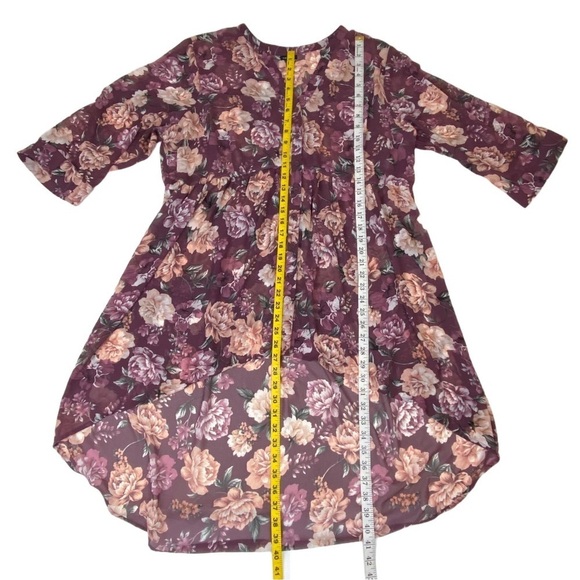 Torrid Chiffon Tunic Top Floral Burgundy Hi Lo 3/4 Roll Tab Sleeve Size 2X - Picture 8 of 11